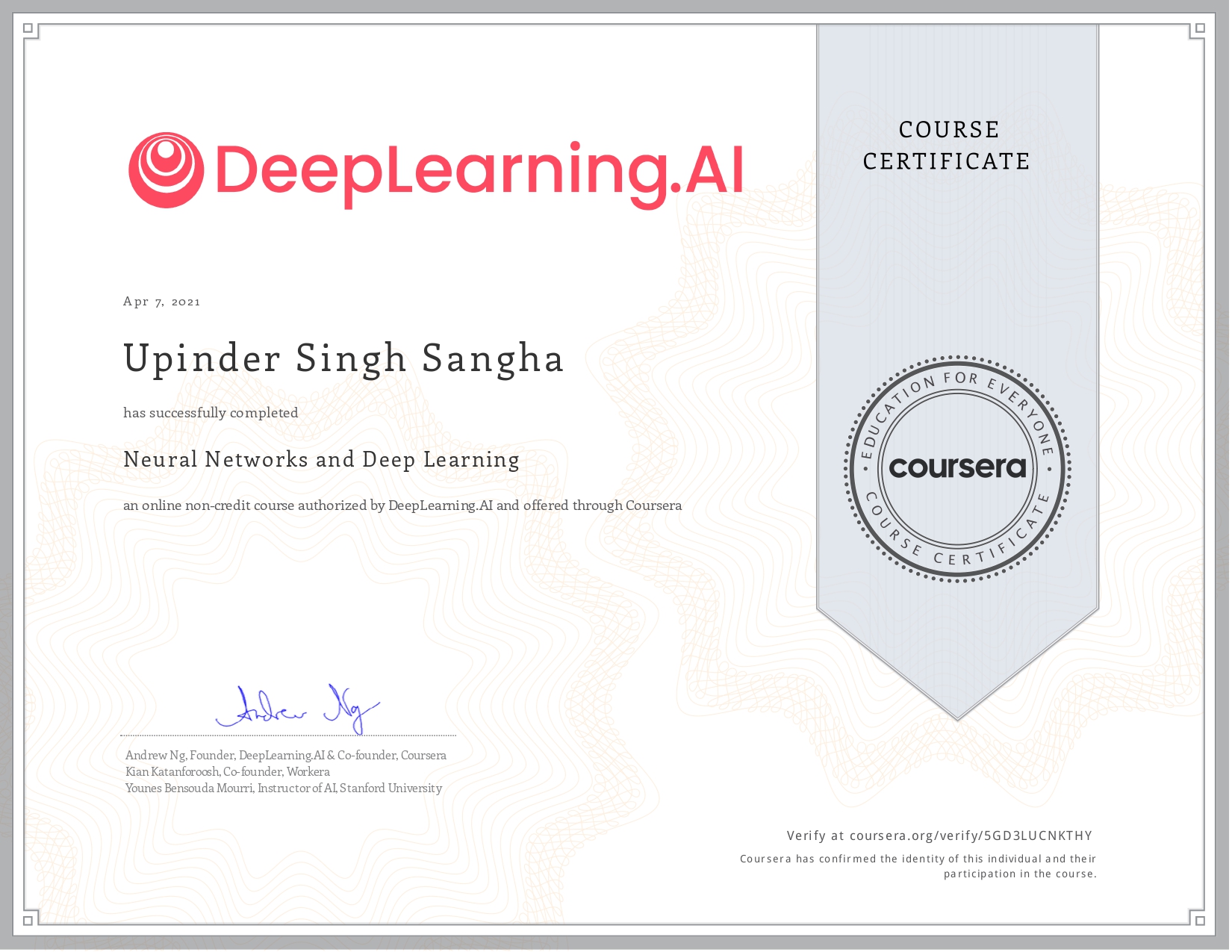 Coursera Neural Networks and Deep Learning
